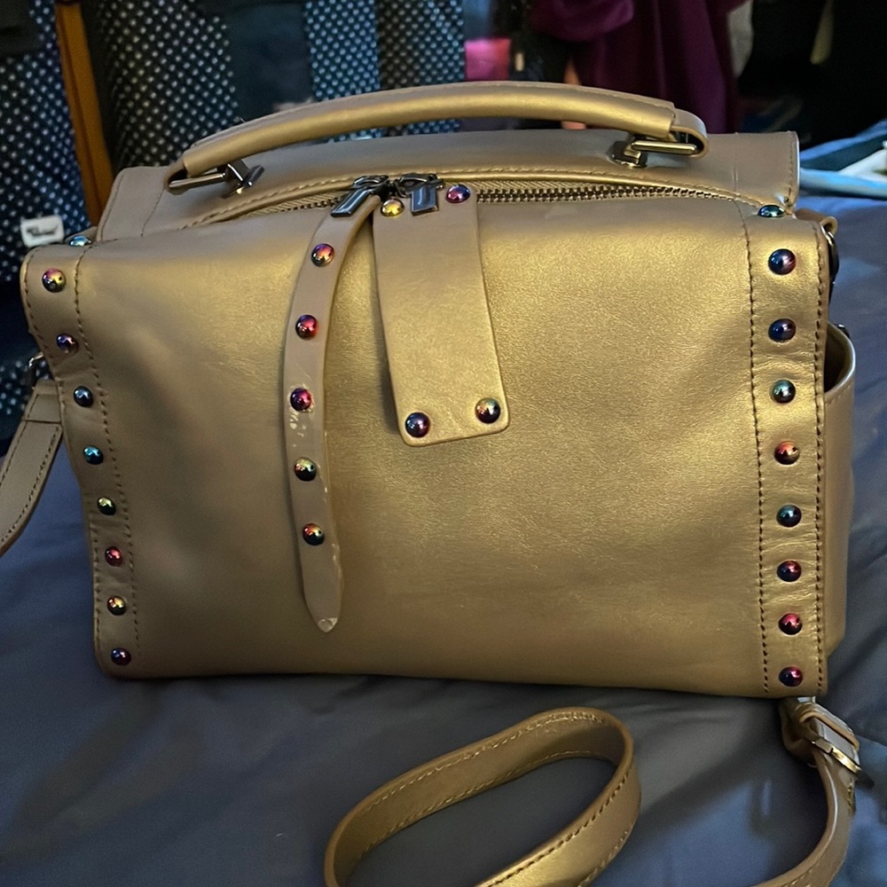 Sharif, Genuine Leather, Pewter Color Crossbody, East/West, 11 L X 7 H X 4 W